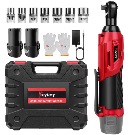 200Nm Cordless Ratchet Wrench Set 90° with 2 X 1500Mah Lithium-Ion Batteries, 3/8'' Angle Wrench with 7Pcs Sockets Set