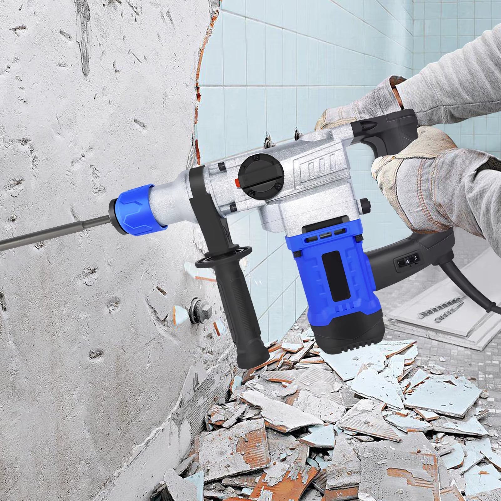 1500W Rotary Hammer Drill-6 Adjustable Speeds,4 Functions,Electric Demolition Hammer with SDS plus Chisels and Drill Bits & Case